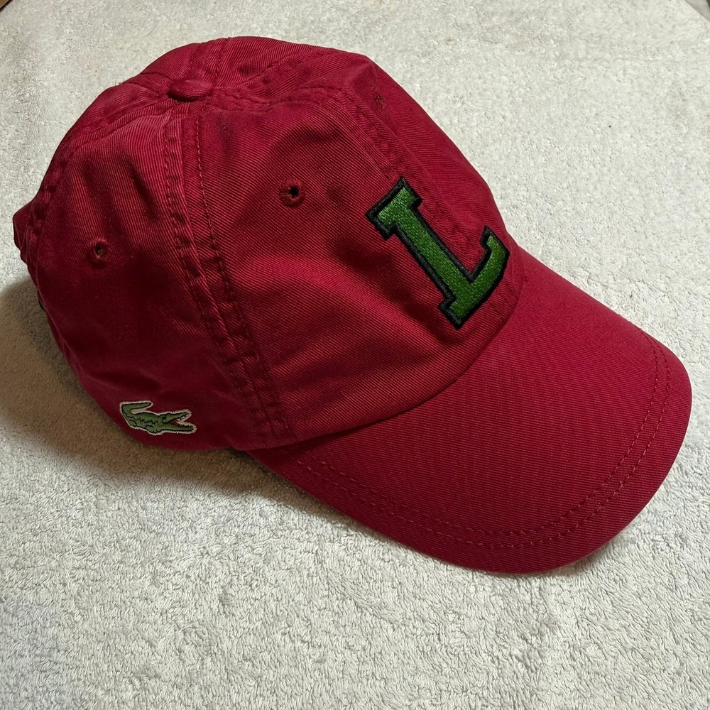 Lacoste Red Cotton Baseball Cap Green Chenille L Patch Adjustable Hat F5336